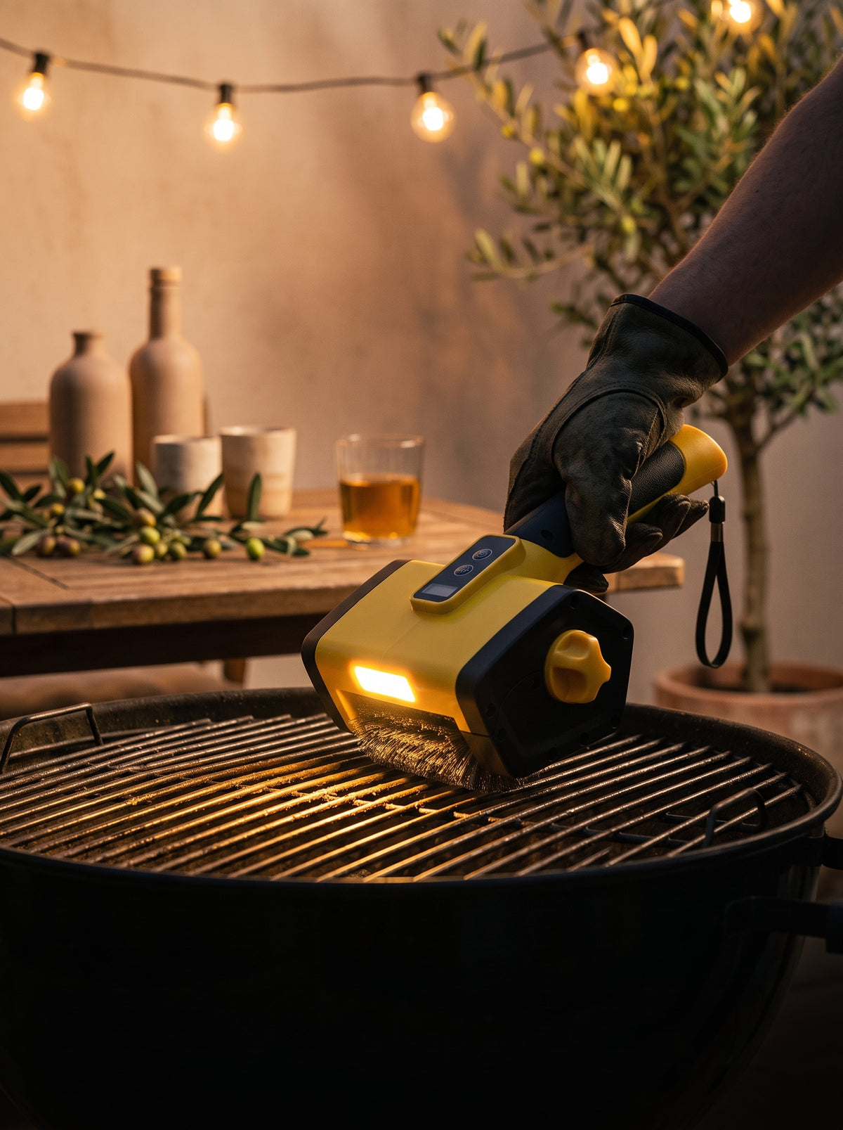 A hand cleaning a grill grate with the brush