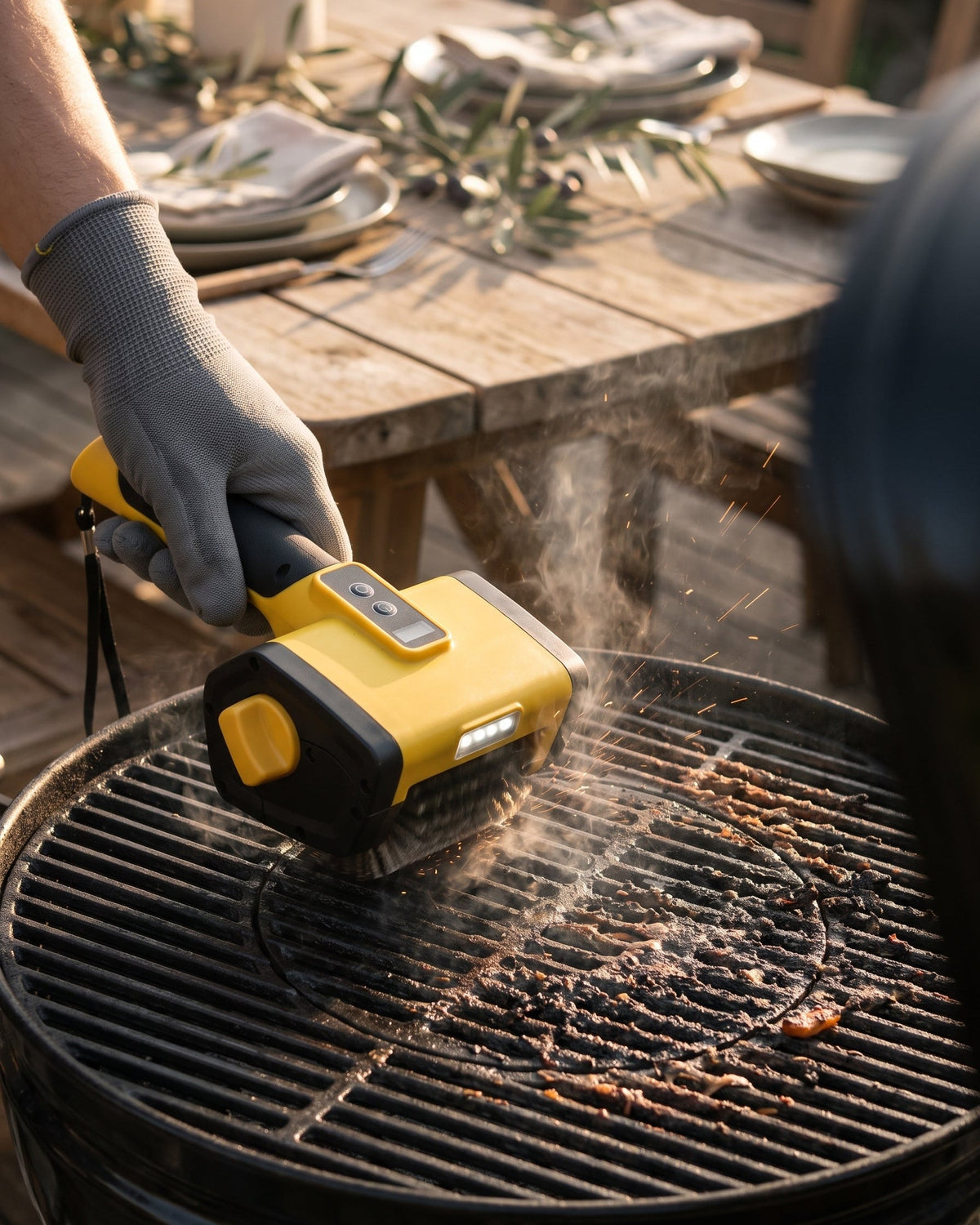Someone cleaning a grill grate with the cordless electric brush